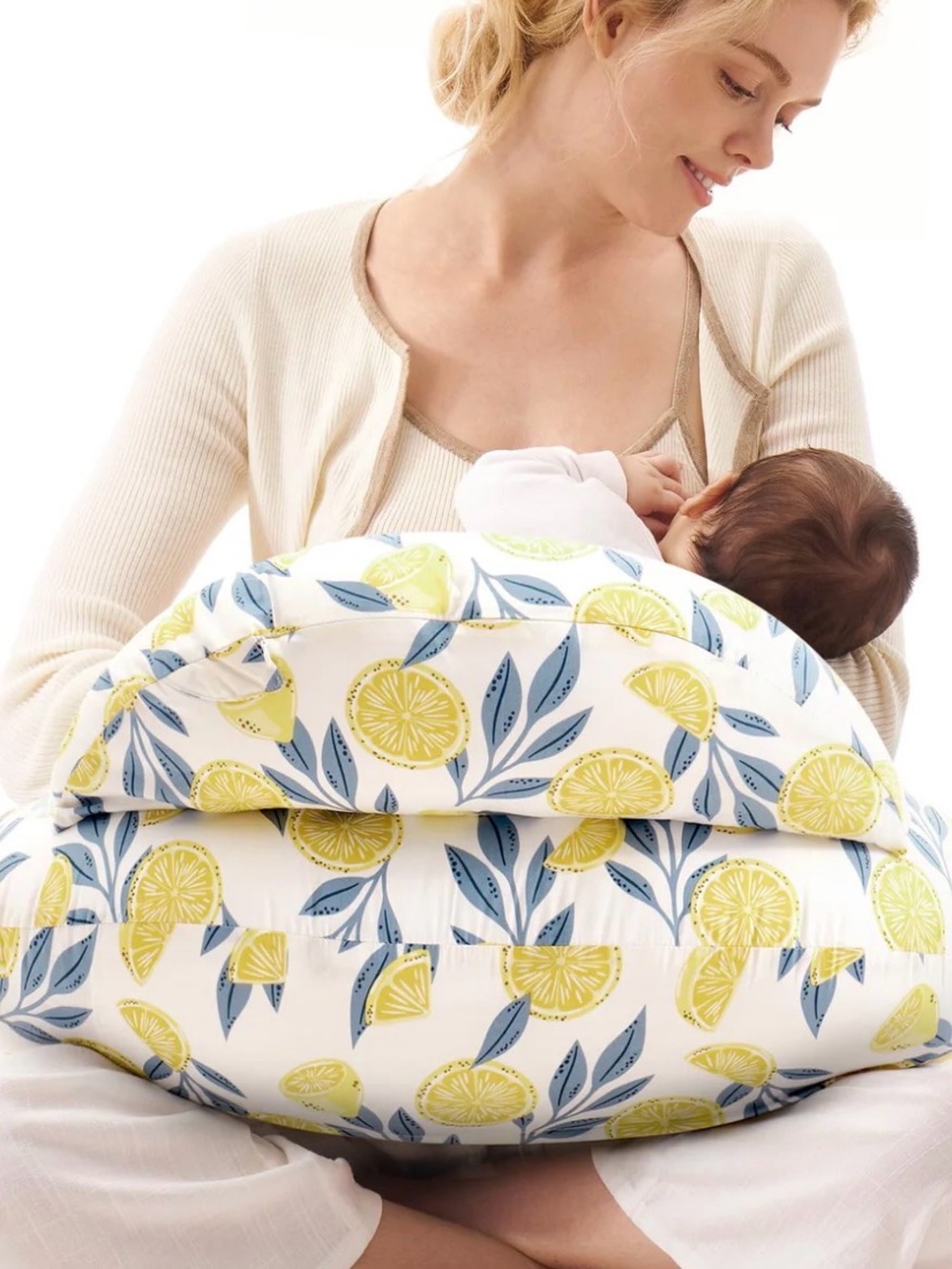 Momcozy breastfeeding Nursing Pillow lemon whisper pattern Yellow & Blie New